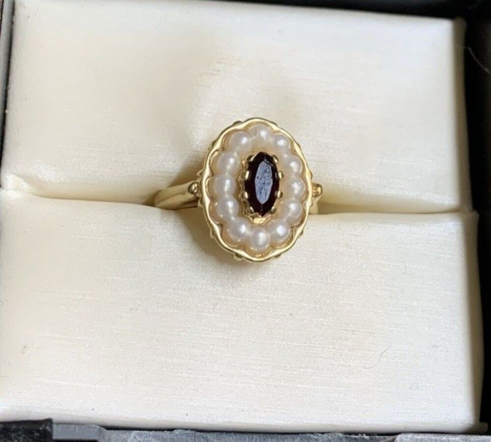 Vintage Avon Gold Tone Faux Pearl Cluster Ring Red Glass Stone Women’s 8